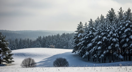 Winter landscape with snow covered trees and rolling hills