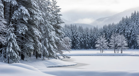 Snow covered trees and frozen lake in winter landscape