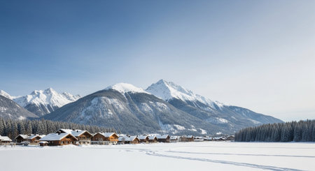 Winter landscape with snow-covered mountains and village chalets