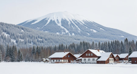 Winter landscape with mountain and chalet houses on snowy field