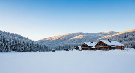 Winter landscape with wooden houses in a snowy valley