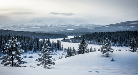 Snowy landscape with pine trees and distant mountains