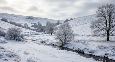 Winter river landscape flowing through a snow covered valley