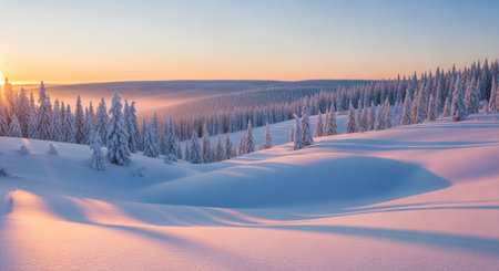 Snowy hills and frosted trees at sunset in winterの写真素材