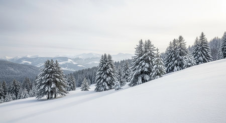 Snow covered fir trees in a winter landscape