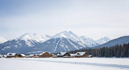 Winter village scene with mountains and snowy landscape