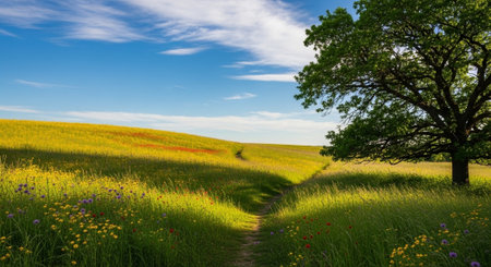 Path Through a Vibrant Meadow Leading to a Large Tree