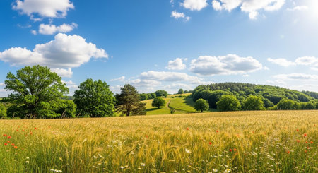 Wheat field landscape with blue sky and cloudscape
