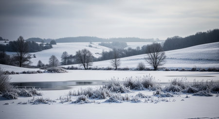 Tranquil winter landscape with frozen lake and snow-covered hills