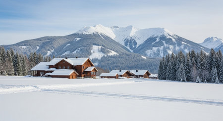 Scenic alpine cabins in snow covered winter landscape