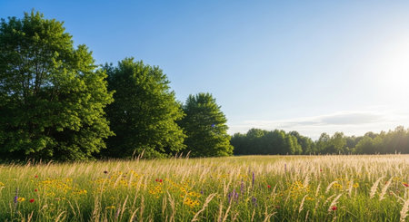 Sunlit meadow with wildflowers and lush green trees