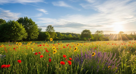Vibrant summer meadow featuring sunflowers, poppies and morning sunlight