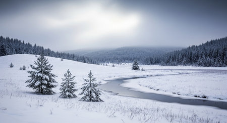 Winter landscape of snow-covered field with winding river