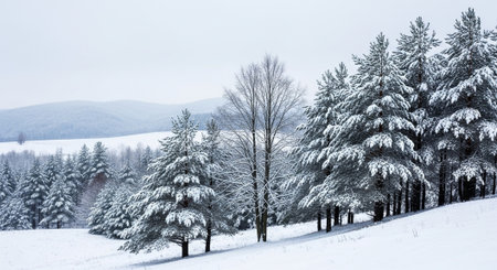 Snow covered pine trees during winter season landscape view