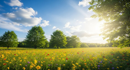 Scenic meadow with colorful wildflowers under a bright blue skyの写真素材