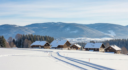 Row of houses on snowy field in winter wonderland