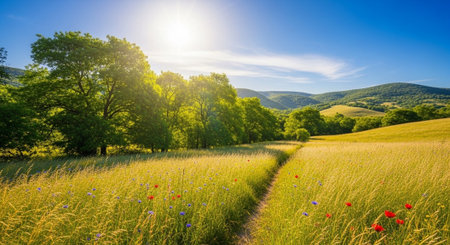 Golden meadow path leading to a sunny horizon view