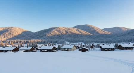 Snowy village landscape with houses and mountain backdrop