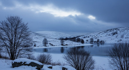 Snow covered hills surrounding a partly frozen lake landscapeの写真素材