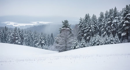 Serene winter landscape with snow covered trees and field