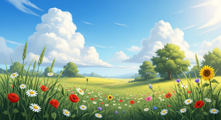 Vibrant spring meadow with wildflowers under a bright blue skyの写真素材