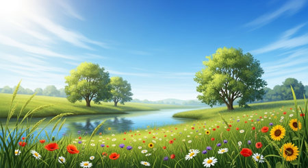 Scenic meadow with colorful wildflowers, trees and flowing riverの写真素材