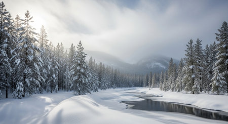 Winter landscape featuring snow covered forest and a river