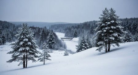 Winter forest landscape with snow covered trees and bridge