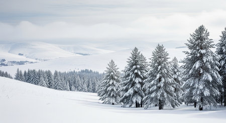 Snow covered evergreen trees in a winter landscape viewの写真素材