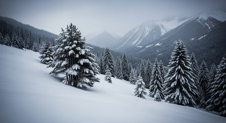 Snowy mountain landscape with evergreen trees and foggy sky