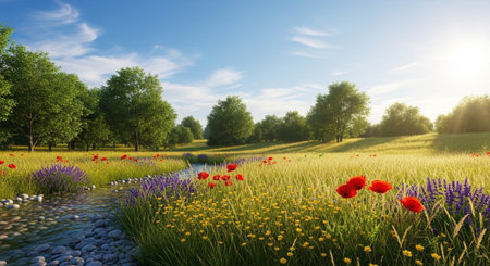 Idyllic meadow with wildflowers and tranquil stream sceneryの写真素材