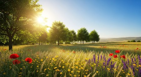 Idyllic summer meadow with wildflowers, trees, and sunlightの写真素材