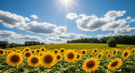 Sunflower field under a bright blue sky with clouds