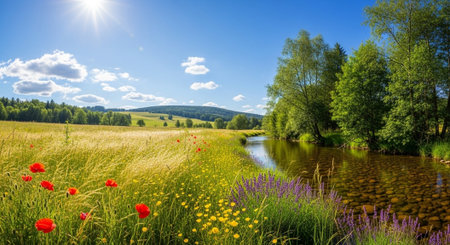 Serene countryside stream with wildflowers under a bright sun