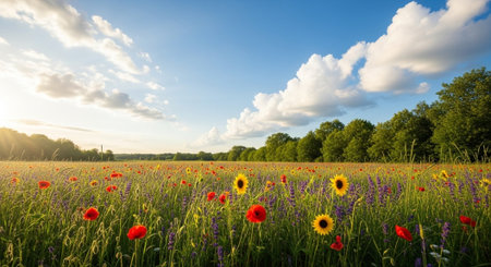 Vibrant wildflower meadow under a sunny blue sky landscapeの写真素材