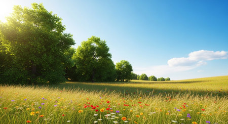 Scenic meadow with wildflowers and trees under a blue sky