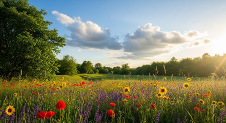 Wildflower Meadow at Sunset with Vibrant Blooms and Sunshine