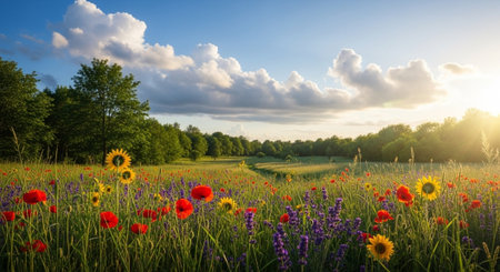 Scenic wildflower meadow landscape with vibrant flowers and sunshine