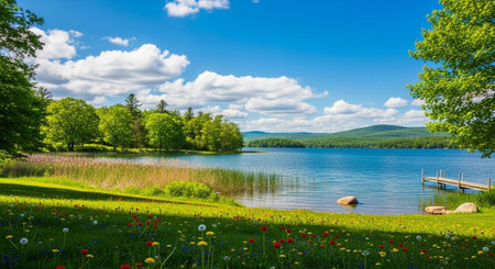 Picturesque lake scene with wildflowers and bright summer sky