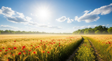 Golden wheat field with poppies under blue sky