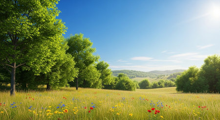 Idyllic meadow filled with wildflowers on a bright dayの写真素材