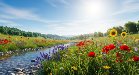 Scenic wildflower meadow with stream and rolling hills backgroundの写真素材