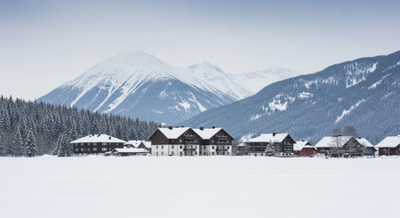 Winter landscape featuring houses and mountains covered with snow