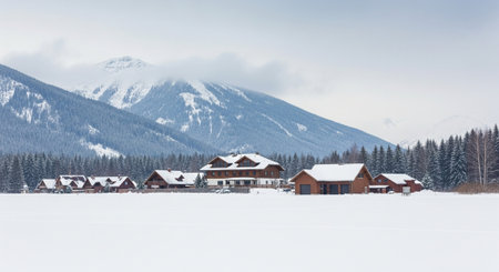 Snowy mountain landscape with houses and evergreen trees