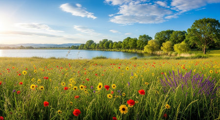 Idyllic summer landscape with wildflower meadow and tranquil lakeの写真素材