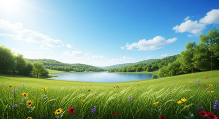 Scenic landscape of a lake with meadow and flowersの写真素材