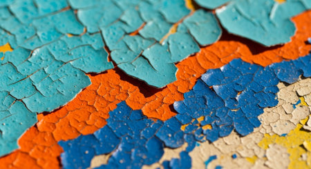 Peeling paint layers with vibrant color pattern and texture