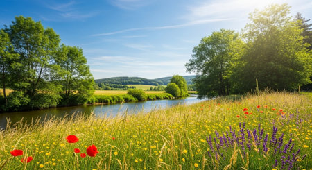 Idyllic river scene with meadow flowers and lush treesの写真素材