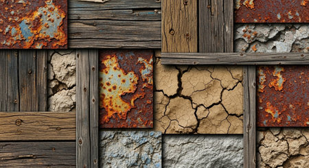 Rustic patchwork of weathered materials evokes industrial decay theme