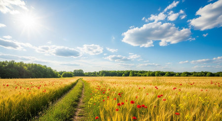 Golden wheat field with poppies under a blue skyの写真素材